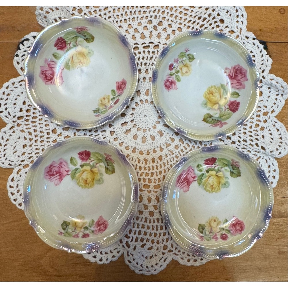 Antique PK Silesia German Porcelain Luster Rose Berry Bowls Set of 4 Scalloped